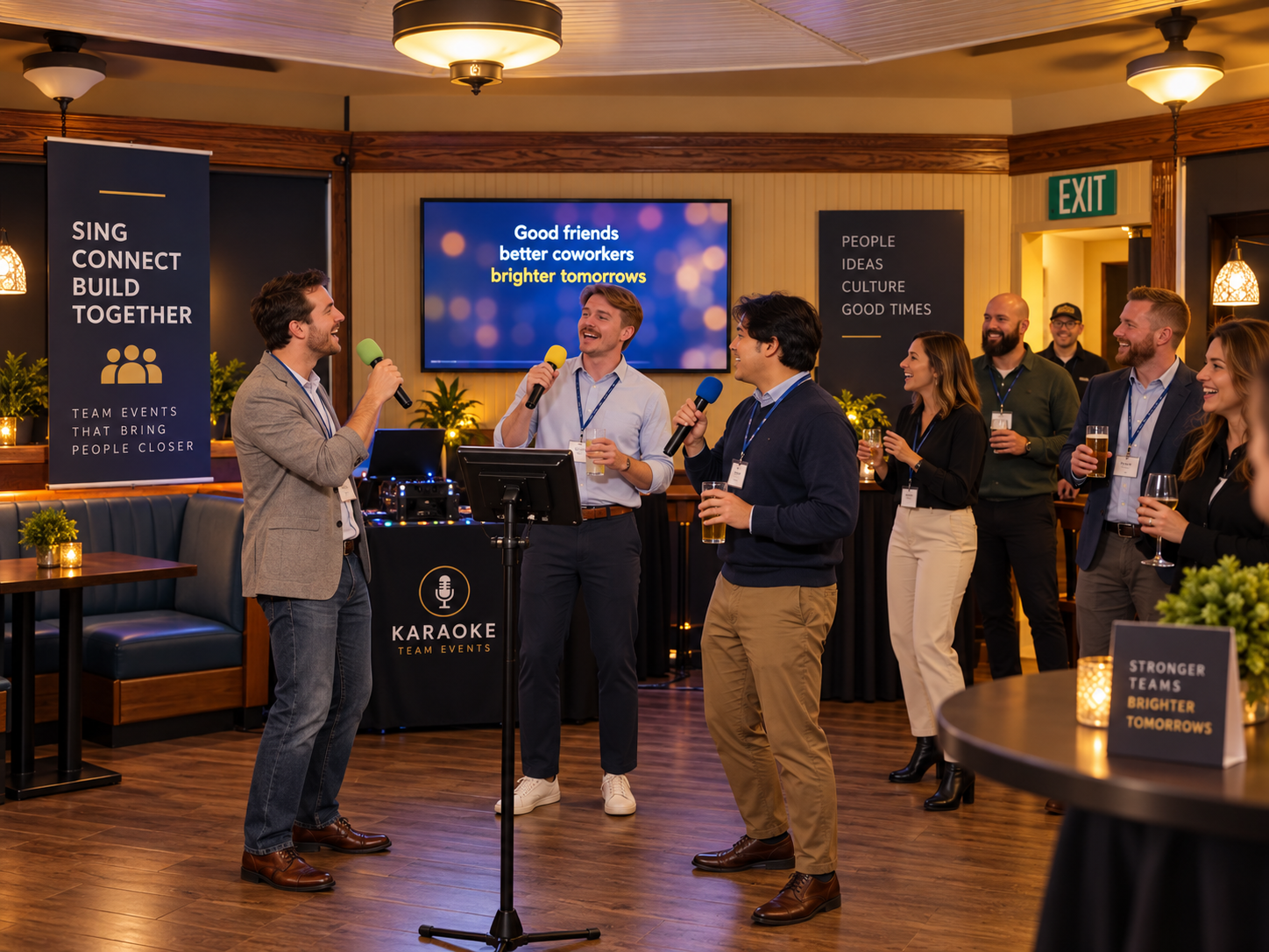 Corporate karaoke celebration with coworkers enjoying a professionally hosted event