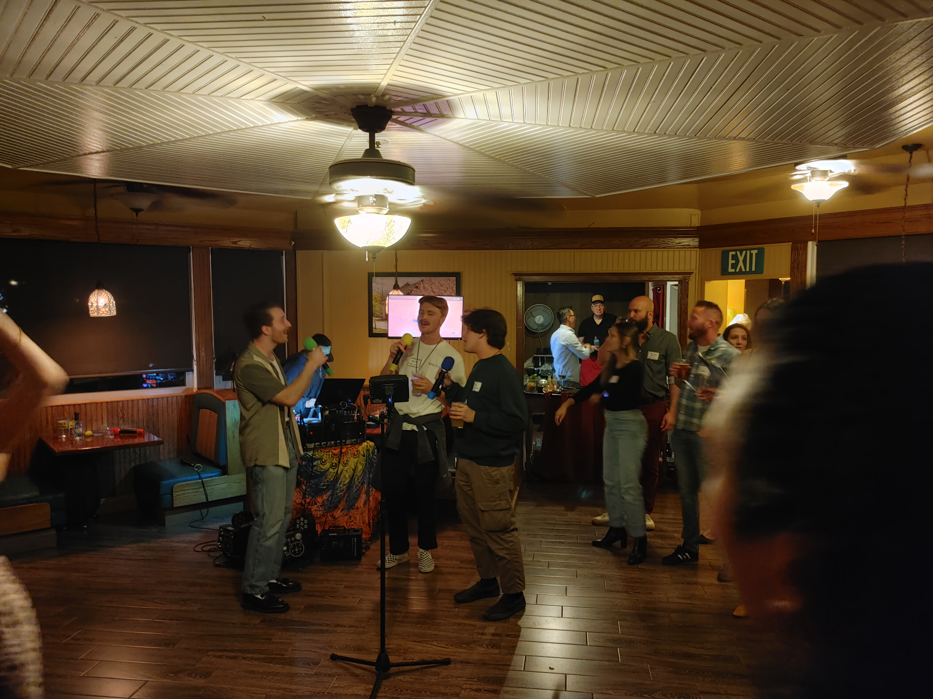 Coworkers and guests singing together at a private sloKaraoke event