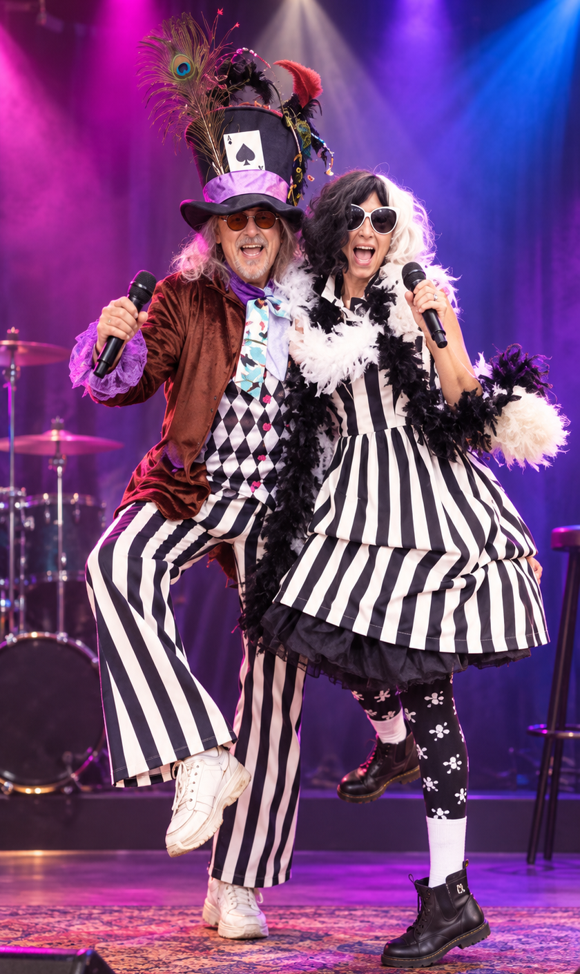Two sloKaraoke hosts in themed party costumes onstage