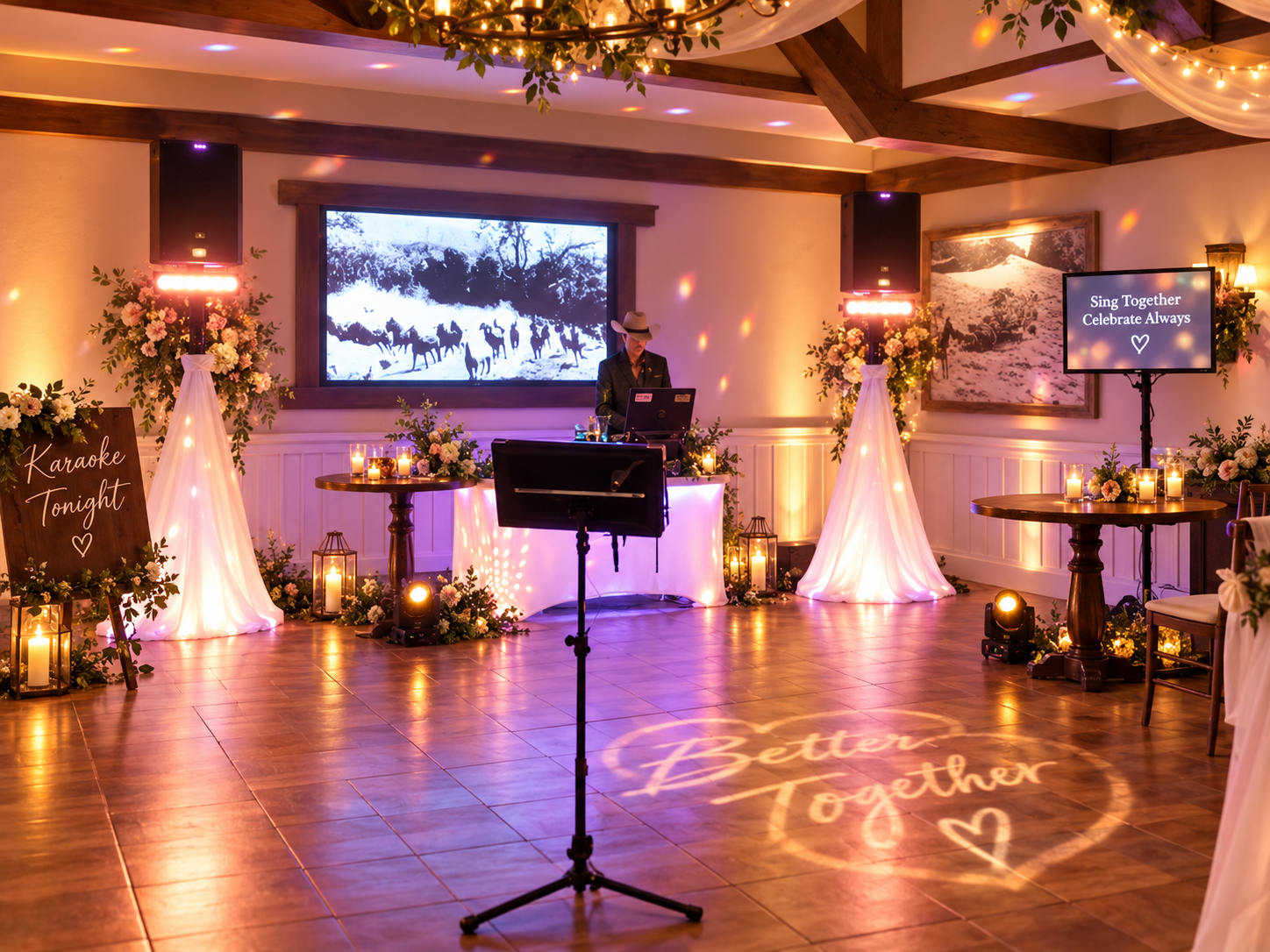Wedding karaoke celebration with elegant lighting and guests enjoying the moment